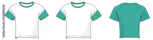Technical fashion illustration of a Cropped T-Shirt, featuring a unisex crop top template with front and back views in white and green colors