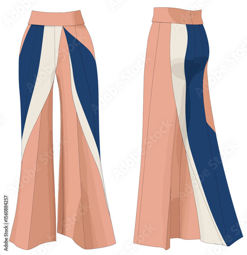Technical fashion illustration of wide leg pants, including wrap pants and an asymmetric skirt over pants, in a flat drawing template with front and back views, featuring a peach color and available