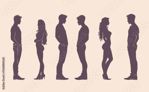 Contemporary outlines of males and females, depictions of a group of upright athletes, muscular physique, side view, dark hue on a light background