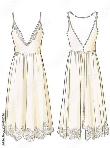 Technical fashion illustration of a Slip Dress, featuring a Maxi Dress with lace trim, including a back zip-up, strap, and views from the front and back in white, designed for women's CAD mockups
