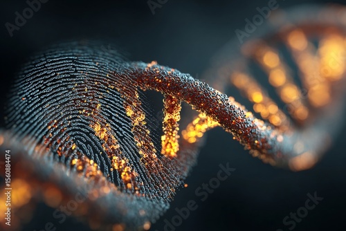 Conceptual DNA fingerprint matching double helix overlaying scanned fingerprint glowing biotechnological interface style