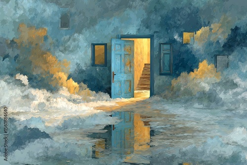 Conceptual dream analysis illustration symbolic subconscious world fragmented mirrors closed doors abstract thoughts in foggy environment soft painterly style