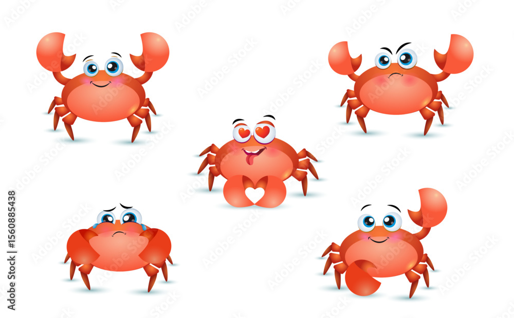 Obraz premium Set of Cartoon Cute Red emotional crabs. Cute crab vector icon illustration, mascot logo, cartoon animal style.