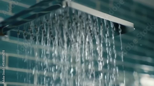Close up shot of a square shower head with water running in a bathroom with blue tiles