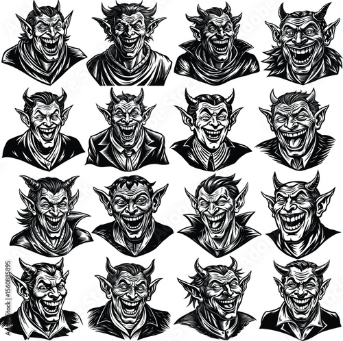 Laughing devils, demons, and evil smile set collection bundle sketch engraving style. black and white vector illustrations. Each character has exaggerated expressions, horns, sharp teeth, and sinister