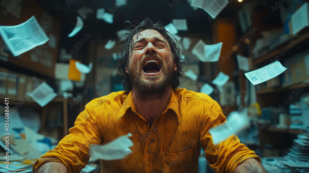 Fototapeta premium Man in a yellow shirt expresses frustration as papers swirl around in a cluttered office Generative AI