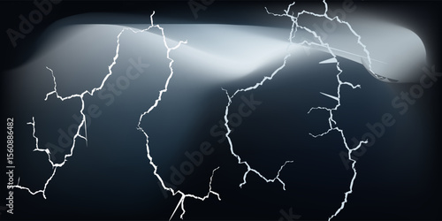 Thunderous dark sky with black clouds and flashing lightning. Panoramic view. Concept on the theme of weather, natural disasters, storms, typhoons, tornadoes, thunderstorms, lightning, lightning.
