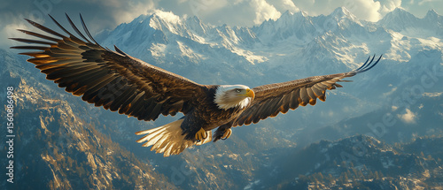 Majestic bald eagle soaring over snow-capped mountains during golden hour at sunset Generative AI