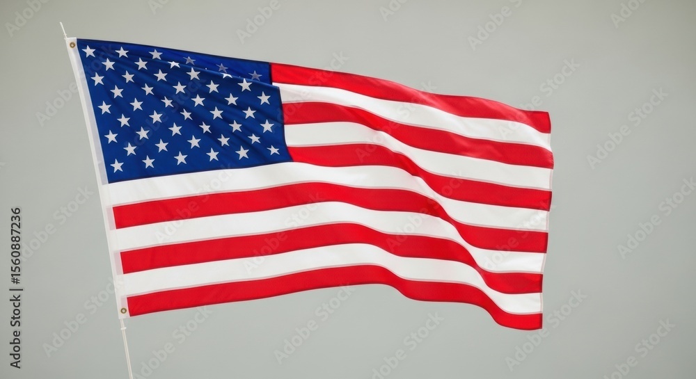 Fototapeta premium Full View of the US Flag Waving in a Light Grey Sky