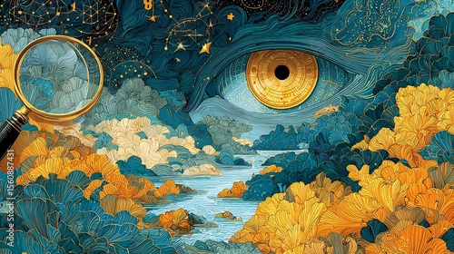 Dual themed cosmic illustration empiricism visualized through magnifying glass senses rationalism via geometric patterns and math dreamlike space background philosophy meets science