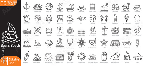 55 Vector Icons of Sea & Beach – Minimal Line Icons of Ocean, Summer, Marine Life, Water Sports, Relaxation, and Travel for Infographics, UI, Stock Vector, or Tropical Vacation Branding