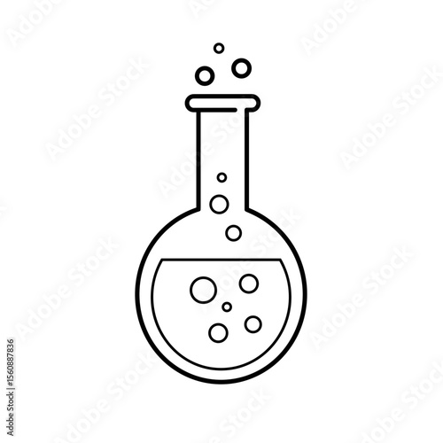 Laboratory flask with bubbling liquid and gas on white background  