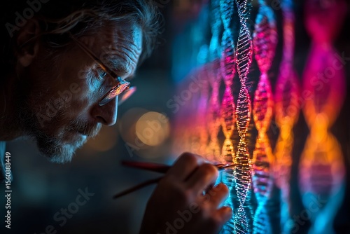 Forensic DNA sequencing progress glowing nucleotides flowing through sequencer scientist analyzing genetic code high tech medical style