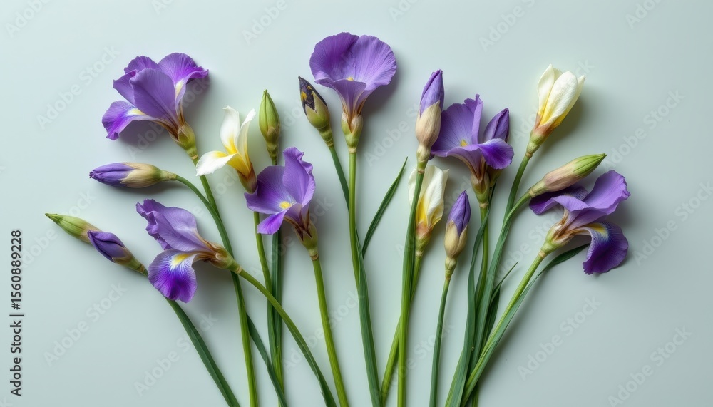 Obraz premium refined arrangement of irises in a minimalist style, with soft green tones, delicate lines, symmetrical layout, modern elegance, high resolution