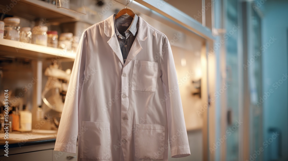 White lab coat hanging in research facility White lab coat hanging in research facility