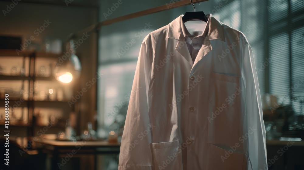 White lab coat hanging in research facility White lab coat hanging in research facility