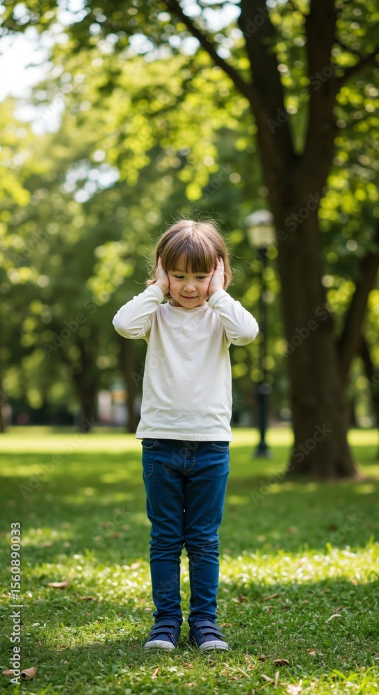 Young girl covering ears while standing on grass in sunny park Young girl covering ears while standing on grass in sunny park