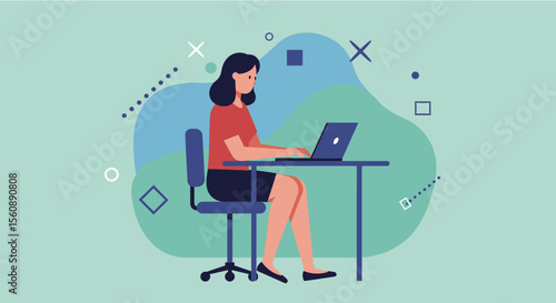 A young woman in flat design style is diligently working on her laptop at a desk, surrounded by abstract geometric shapes, perfect for modern digital content.