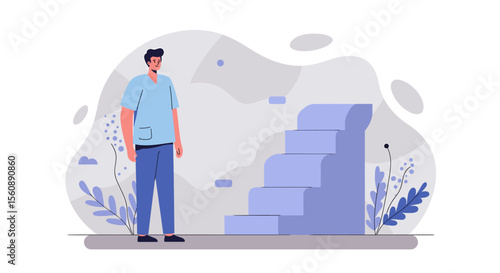 a man in blue medical scrubs standing beside a blue staircase, with a backdrop of abstract shapes and plants. Suitable for landing page, banner, marketing, web design, presentation, infographic, etc.