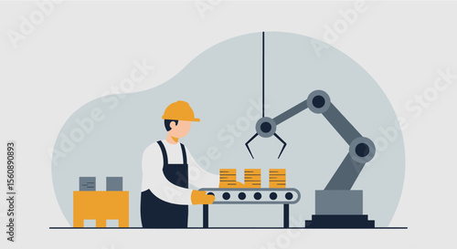 A factory worker collaborates with an advanced robotic arm on an automated production line, illustrating modern industrial efficiency in flat design.