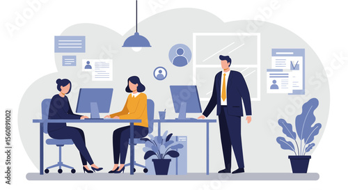 a modern office scene with three individuals engaged in work at their desks. Suitable for landing page, banner, marketing, web design, presentation, infographic, etc.