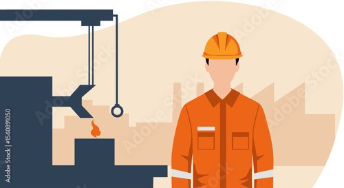 A flat design illustration depicts a worker in safety gear overseeing a molten metal casting process within a modern industrial factory setting, ideal for web banners.