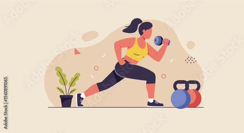 a woman in a yellow tank top and black shorts performing a lunge exercise, with dumbbells beside her. Suitable for landing page, banner, marketing, web design, presentation, infographic, etc.