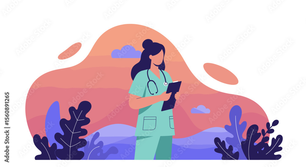 a female medical professional, possibly a nurse or doctor, standing outdoors with a clipboard in her hands. Suitable for landing page, banner, marketing, web design, presentation, infographic, etc. a female medical professional, possibly a nurse or doctor, standing outdoors with a clipboard in her hands. Suitable for landing page, banner, marketing, web design, presentation, infographic, etc.
