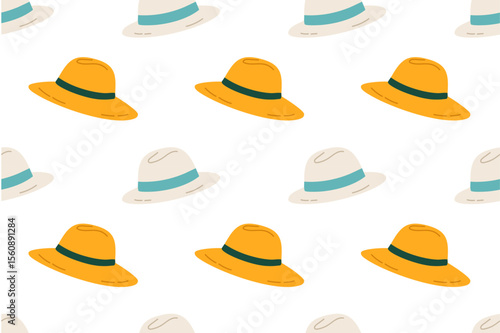 Repeating pattern of yellow and white sun hats for summer textile and design projects
