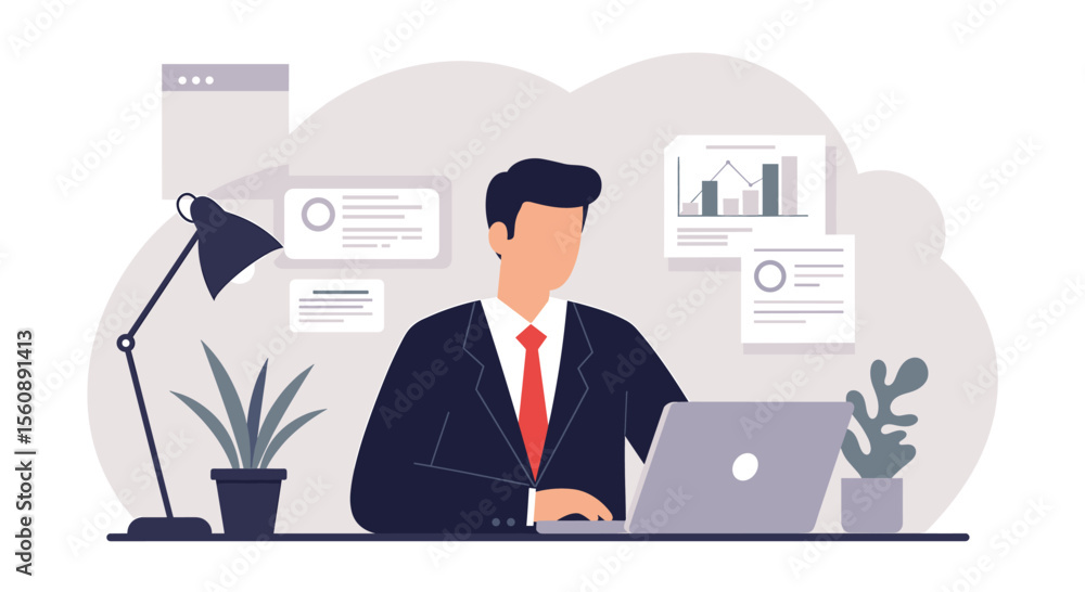 Fototapeta premium A professional businessman in a suit works diligently on his laptop at a modern office desk, surrounded by digital data elements in a clean flat design illustration.