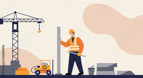 Construction worker in safety gear with tools and equipment on a building site, featuring a crane and forklift in a flat design style.