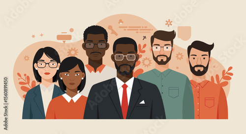 a group of six individuals, each with distinct facial features and attire. Suitable for landing page, banner, marketing, web design, presentation, infographic, etc.