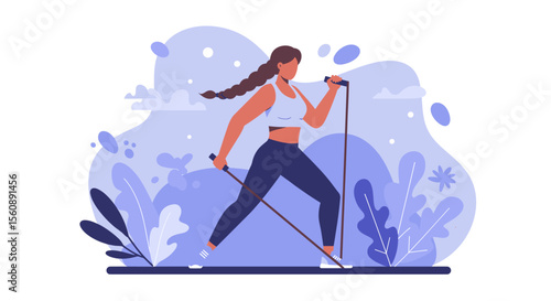 A woman performs exercises with resistance bands in a modern flat design illustration, ideal for health and fitness web content.