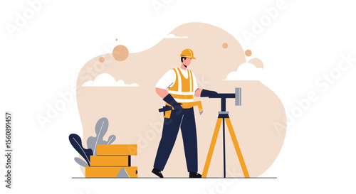 Flat design illustration of a surveyor using a theodolite, perfect for construction, engineering, and surveying websites, presentations, and marketing materials.