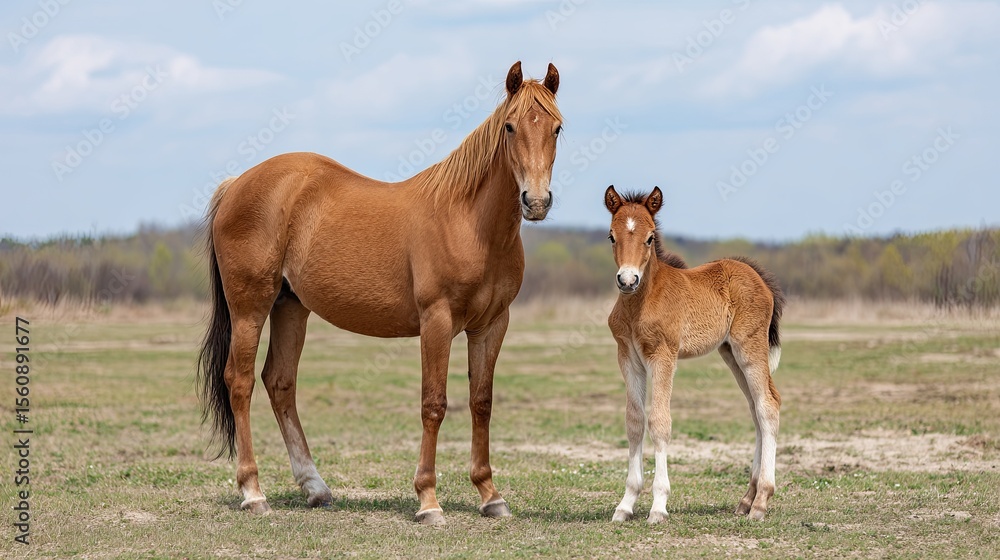 Brown mare and foal standing together on green field under blue sky during warm spring afternoon Brown mare and foal standing together on green field under blue sky during warm spring afternoon