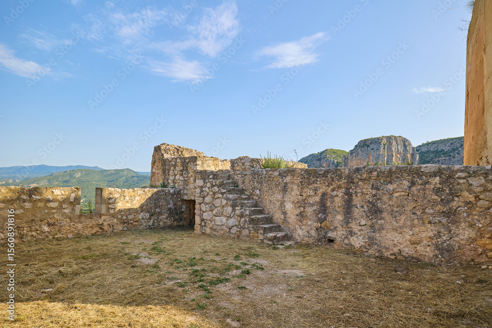 Fototapeta premium Ruins of a medieval castle in the village of Chulilla. Chulilla, Valencia, Spain
