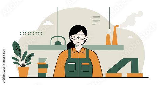 A modern flat design illustration depicts a female industrial worker wearing safety glasses and overalls in a clean factory environment.