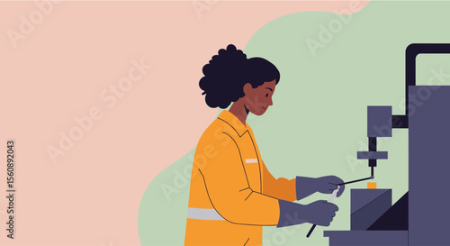 a woman in a yellow jumpsuit working at a machine, with a light pink background. Suitable for landing page, banner, marketing, web design, presentation, infographic, etc.