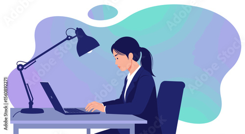 a woman in a business suit working on a laptop at a desk, with a lamp providing light to her workspace. Suitable for landing page, banner, marketing, web design, presentation, infographic, etc.