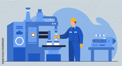 a worker in blue overalls and a hard hat operating a machine with various blue and gray components. Suitable for landing page, banner, marketing, web design, presentation, infographic, etc.