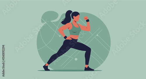 Flat design illustration of a sporty woman exercising, ideal for fitness websites, landing pages, banners, marketing materials, and presentations.