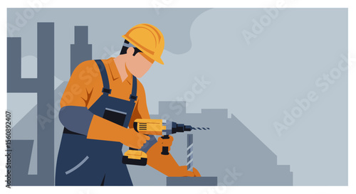 A construction worker using a drill, illustrated in flat design style, perfect for web banners, landing pages, presentations, and marketing materials.