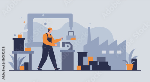 A flat design illustration showcases a worker in a factory environment, managing machinery and production processes with a focus on efficiency and industrial operations.
