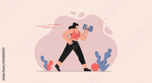 a woman in a pink tank top and black pants, engaged in a workout, holding a dumbbell in her right hand. Suitable for landing page, banner, marketing, web design, presentation, infographic, etc.