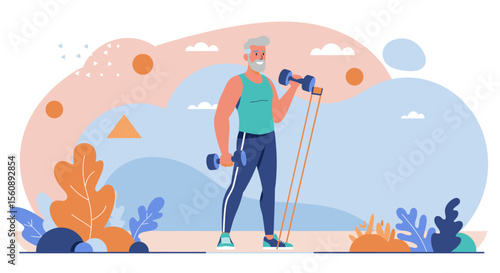 a man exercising outdoors, holding dumbbells and surrounded by plants and a cloudy sky. Suitable for landing page, banner, marketing, web design, presentation, infographic, etc.