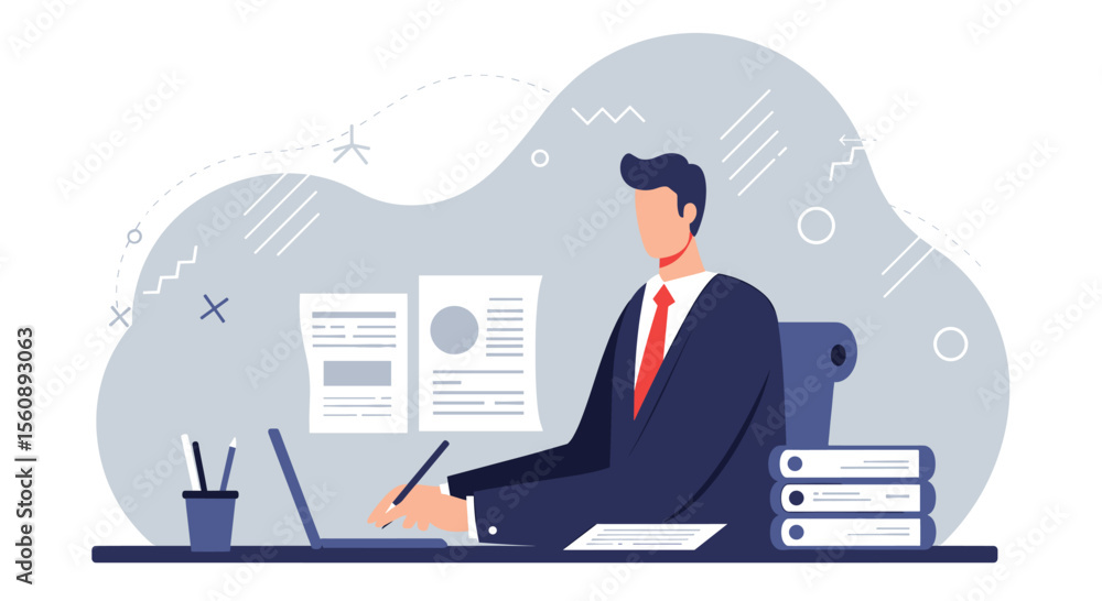 a businessman sitting at a desk, surrounded by documents and a laptop, with a stack of binders beside him. Suitable for landing page, banner, marketing, web design, presentation, infographic, etc. a businessman sitting at a desk, surrounded by documents and a laptop, with a stack of binders beside him. Suitable for landing page, banner, marketing, web design, presentation, infographic, etc.