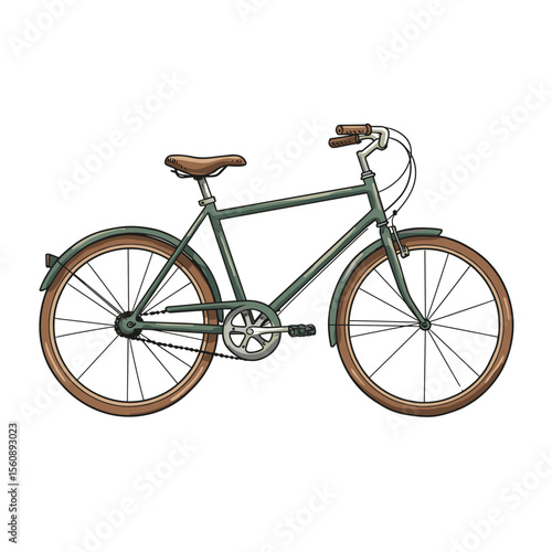 Classic green bicycle with brown leather seat and handlebars  