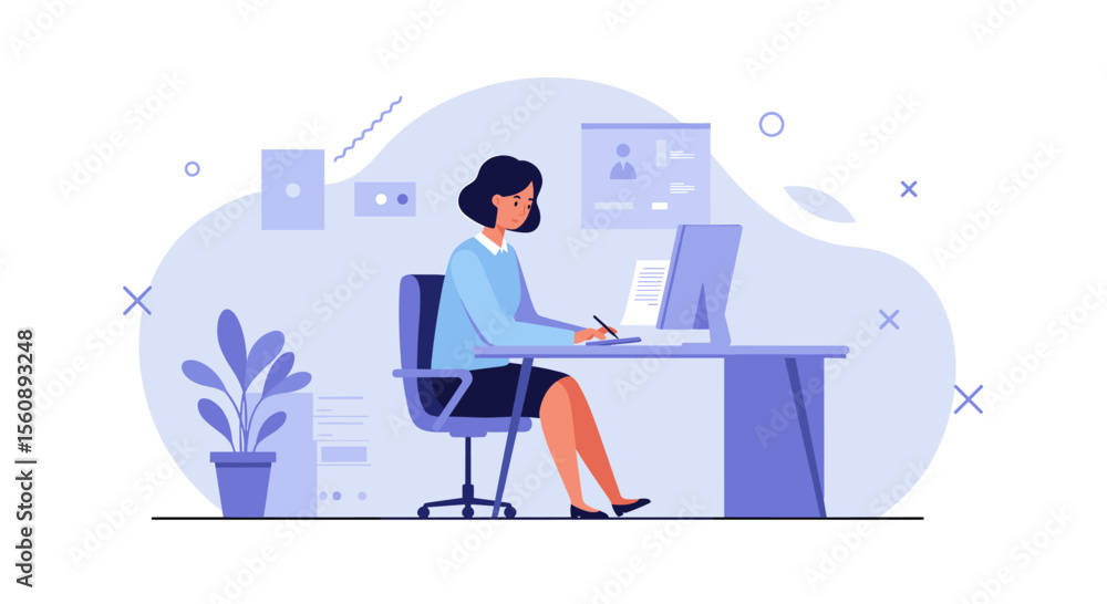 Fototapeta premium A young woman is diligently working on her laptop at a modern desk, surrounded by digital elements in a clean flat design illustration.