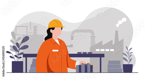 An illustration depicts a female engineer in an orange uniform and safety helmet, overseeing the production process within a factory setting, using a flat design style.
