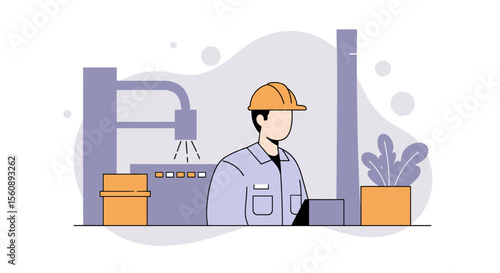 An illustrated flat design depicts a factory worker in a hard hat overseeing machinery, ideal for presentations about industry, web design, and marketing materials.